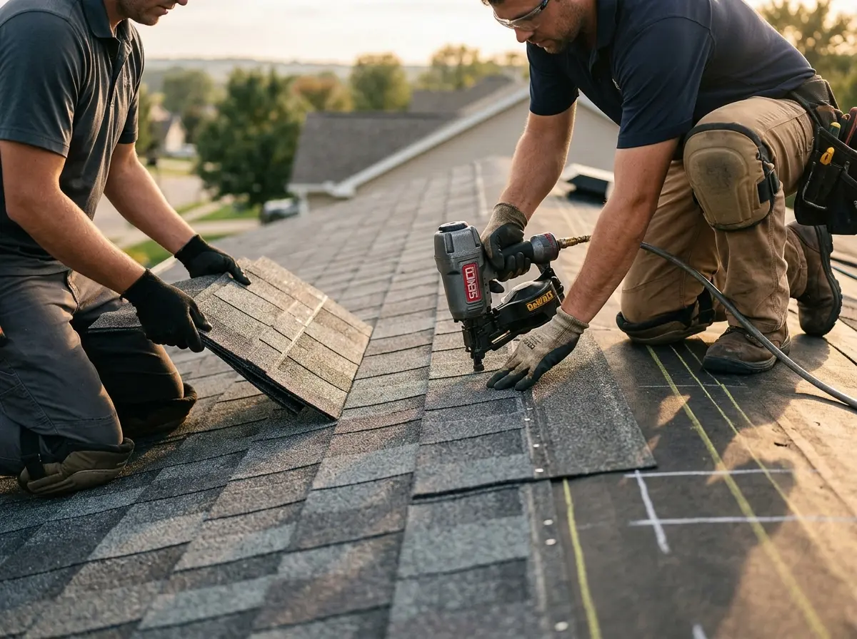 Professional roofer working on a residential roof in Ayden